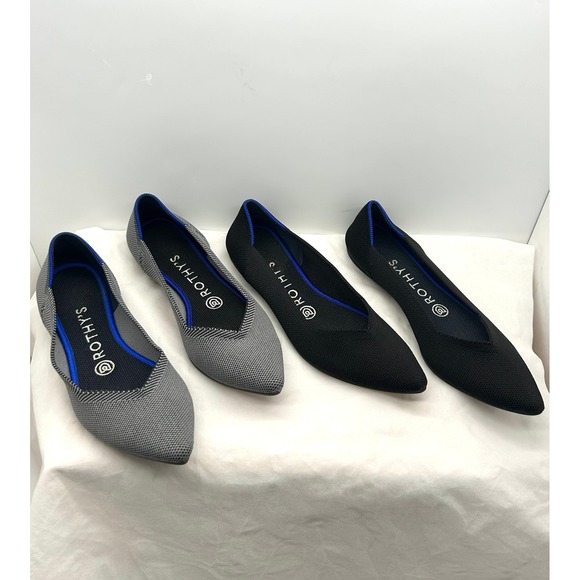 Rothys The Point Flats Bundle 2 Pairs Solid Black Grey Birdseye Womens 7.5 - Picture 2 of 12